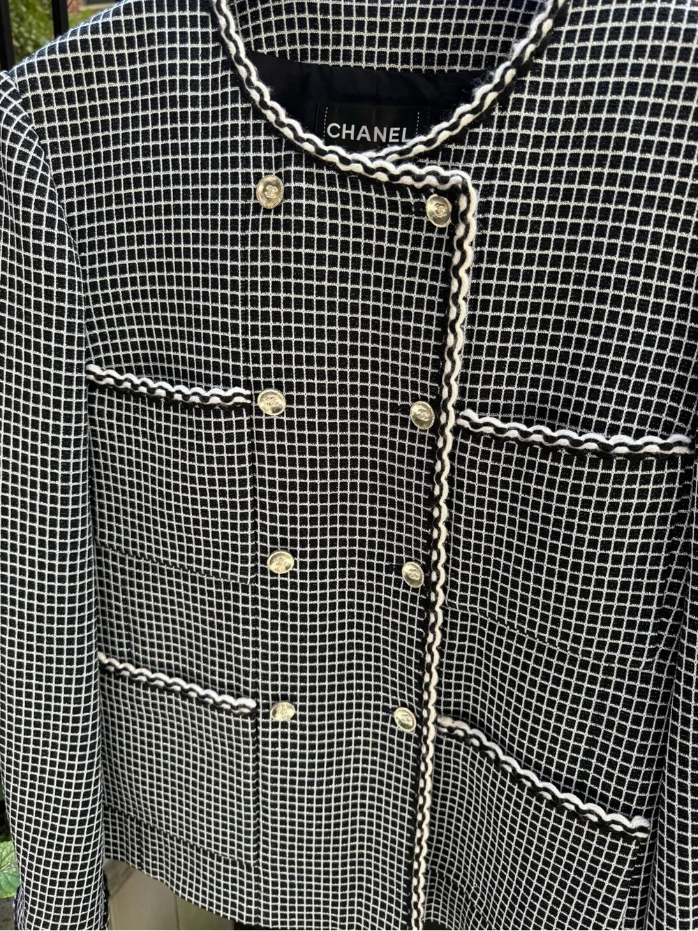 CHANEL Black & White Tweed Bouclé Jacket with Gold Buttons